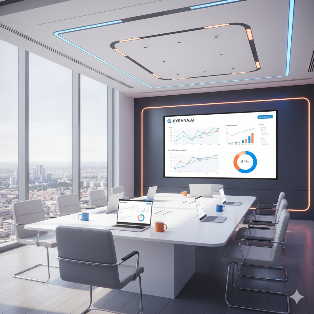 Executive boardroom reviewing Pyrana insights on screen